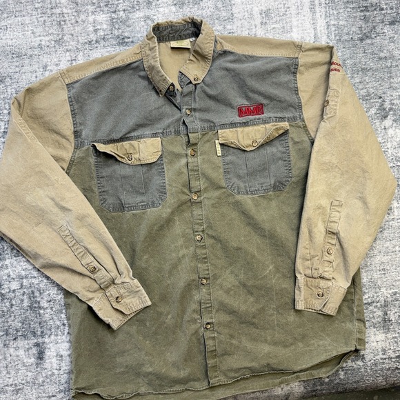 Vintage TAG Safari Shirt Mens Large Olive Khaki Colorblock Faded Travel Guide - Picture 2 of 11